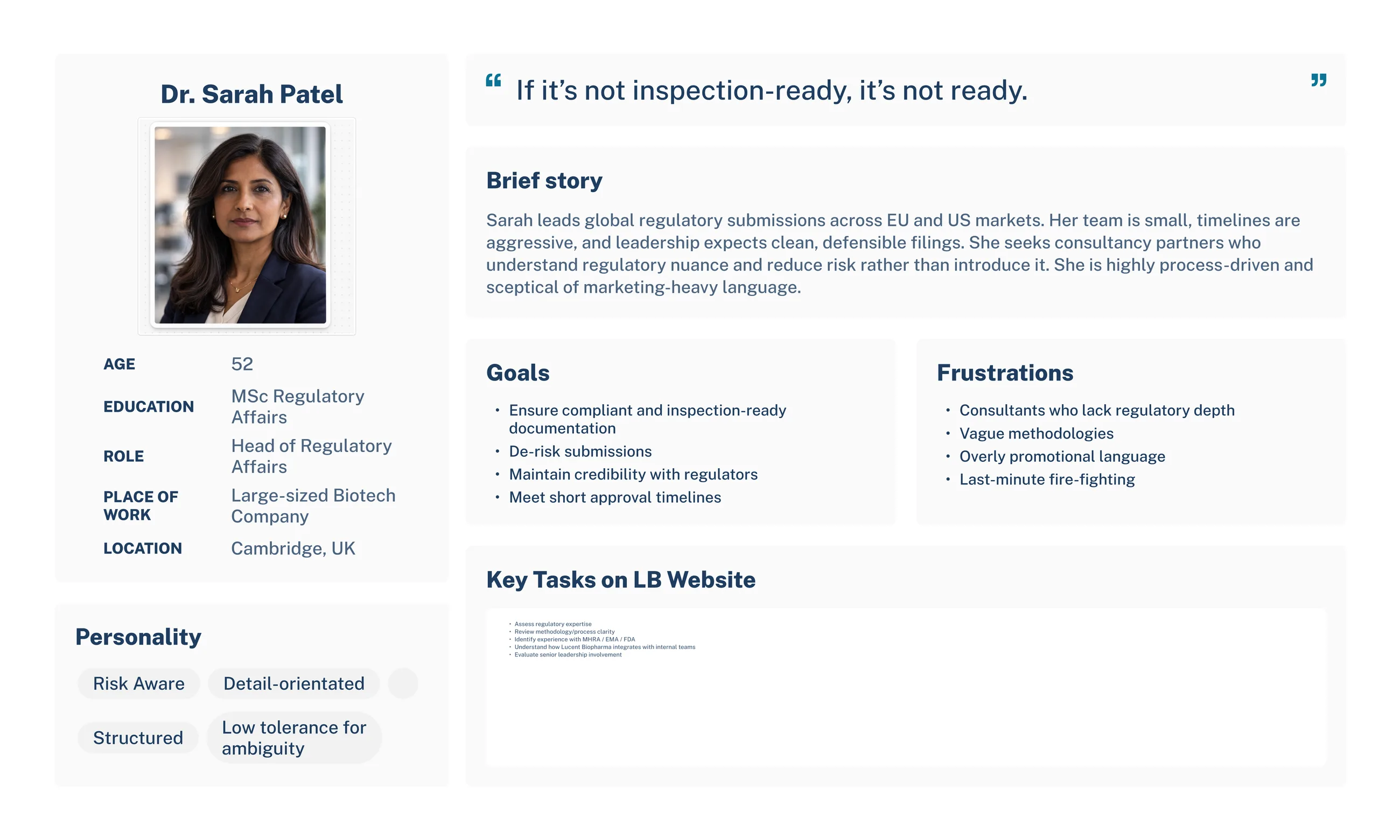 Persona for Dr Sarah Patel, Head of Regulatory Affairs: her brief story, goals, frustrations, personality traits and key tasks on the Lucent site.